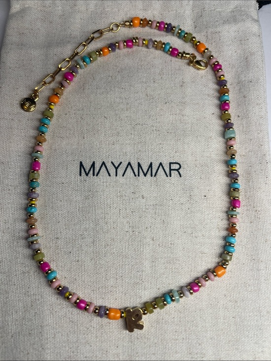 Mayamar Jewelry - ‘R’ Initial Pendant - Multicolor Beaded Necklace with Gold - by Mayamar